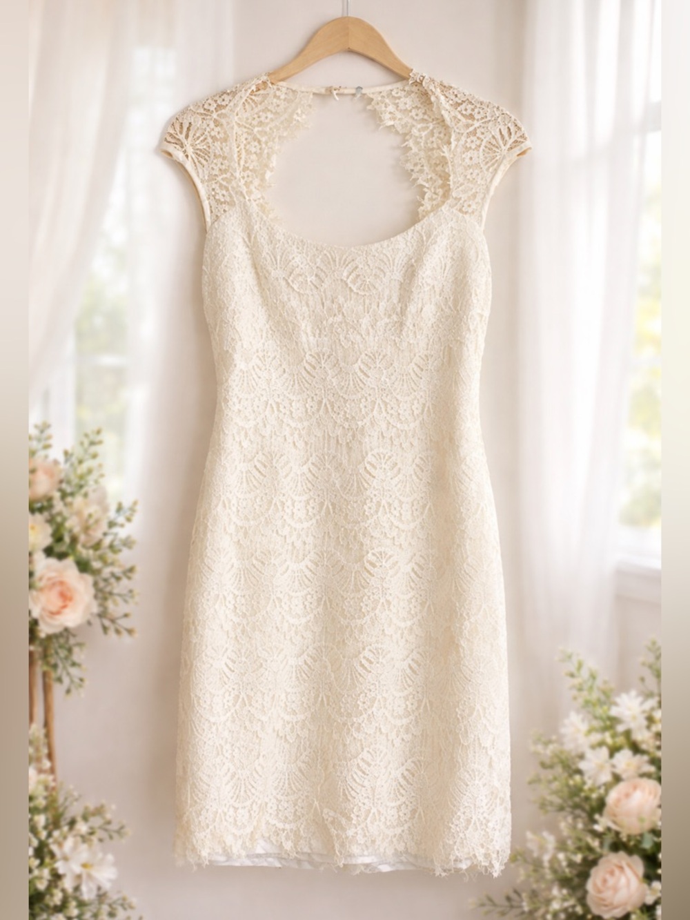 CACHE Ivory Off White Floral Lace Scoop Neck Sleeveless Mini Dress Size 8